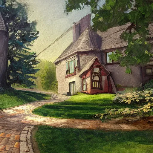 Prompt: house fairytale, path in curve shape leading to the house, oil painting, hd, 8 k, trending artstation,