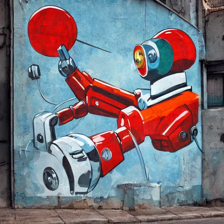 Image similar to Street-art painting of Soviet robot in style of retro futurism, photorealism