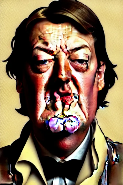 Prompt: stephen fry winking his left eye at the camera, in the style of art by artgerm and greg rutkowski and alphonse mucha