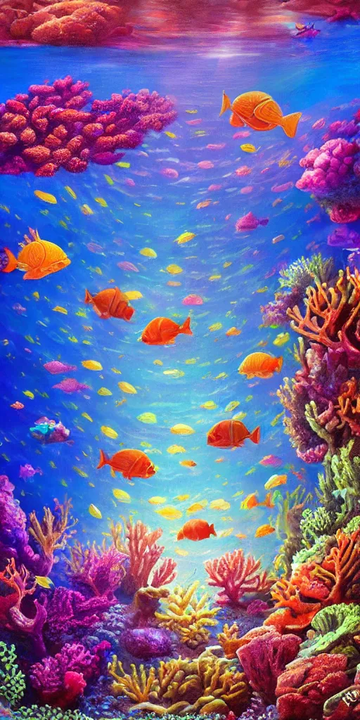 Image similar to underwater coral reef landscape magical realism painting with sun rays coming from above, neon pastel colors