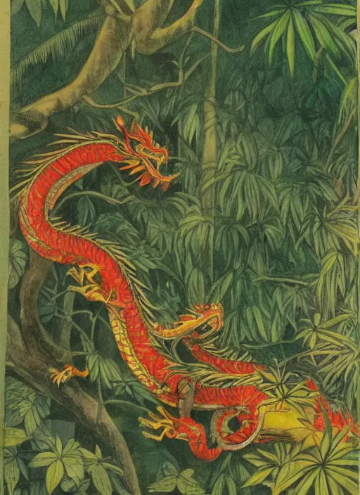 Image similar to vintage chinese dragon in a tropical forest, john james audubon, intaglio, sharp focus