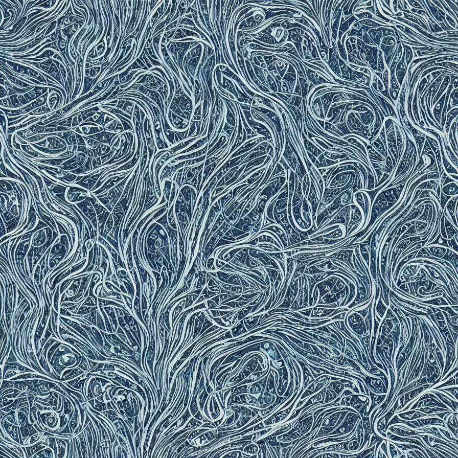 Image similar to beautiful and artistic mycelium on a fantastic planet and unusual critters of the ocean, highly detailed, seamless tiling pattern with optical illusion