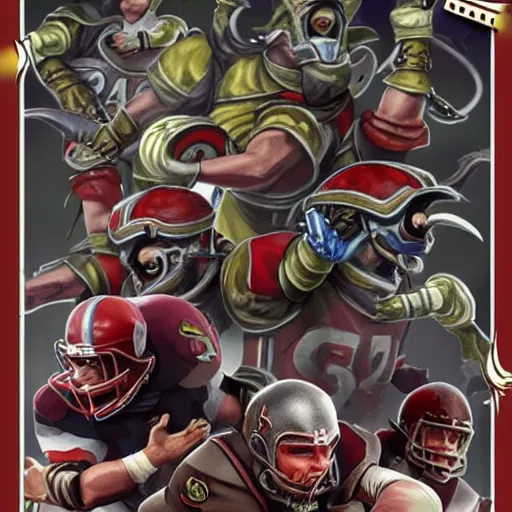 Prompt: blood bowl game finals poster, elves versus humans, nfl style, high quality