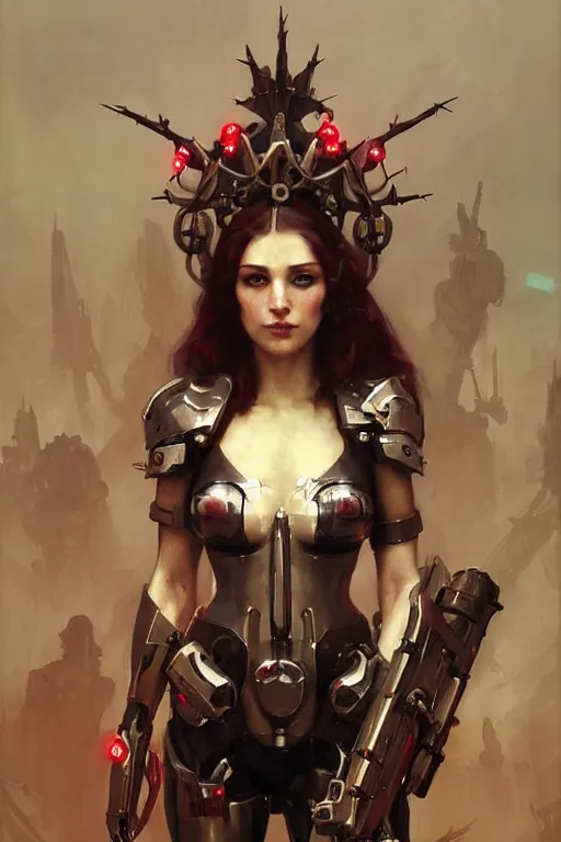 Image similar to Portrait of beautiful pale smiling cyborg maiden in bikini armor with crown of thorns and glowing red eyes, steampunc, Warhammer 40000, digital art from artstation by Ruan Jia and Mandy Jurgens and Artgerm and william-adolphe bouguereau