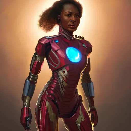 Image similar to highly detailed an african american woman in with the ironman suit from the future gta v, stephen bliss, unreal engine, fantasy art by greg rutkowski, loish, rhads, ferdinand knab, makoto shinkai and lois van baarle, ilya kuvshinov, rossdraws, tom bagshaw, global illumination, radiant light, detailed and intricate environment