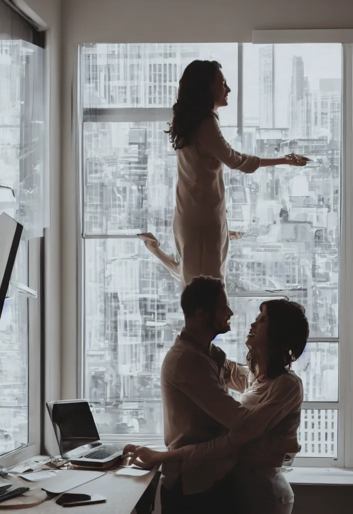 Image similar to wife hugging her husband that is working at his futuritic desk looking at the window with a futuristic city