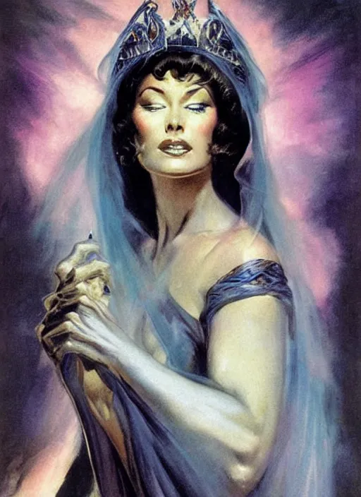 Image similar to portrait of mighty plump female sorceress, blue tiara and veil, lightning halo, strong line, muted color, beautiful! coherent! by frank frazetta, by boris vallejo