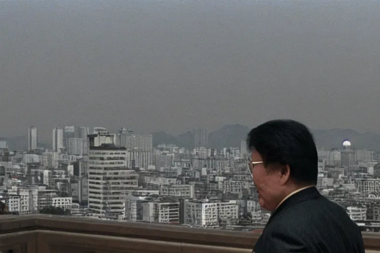 Image similar to a filmstill of Kim Jong-il looking at Starro Kaiju monster destroying Pyongyang, in Bullet Ballet by Shinya Tsukamoto (1998), traditional Korean city, palace, epic ultrawide shot, cinémascope