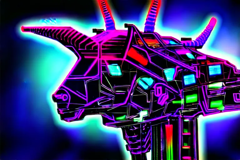 Image similar to complex cyberpunk machine background merged with evil cybernetic goat head in center focus, multicolored digital art