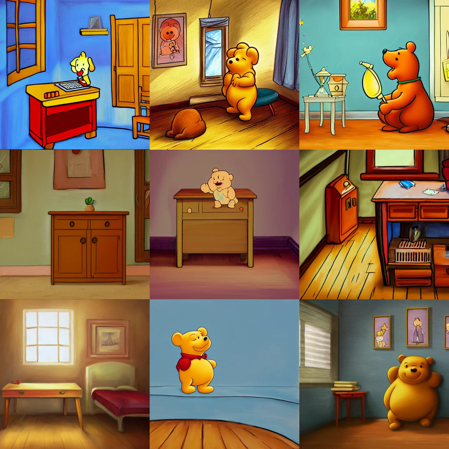 Prompt: Server in a lonely room, painting in winnie the poo style, 4k