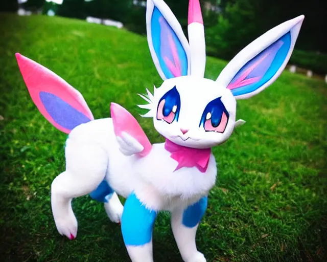 Image similar to real life sylveon pokemon, cute!!!, heroic!!!, adorable!!!, playful!!!, fluffly!!!, happy!!!, cheeky!!!, mischievous!!!, ultra realistic!!!, spring time, slight overcast weather, golden hour, sharp focus