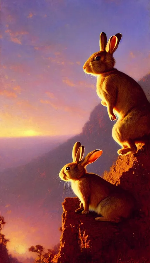 Image similar to hyper realistic rabbit looking off of a cliff, sun setting behind rabbit, lush forest in valley below, painted by gaston bussiere, craig mullins, j. c. leyendecker 8 k