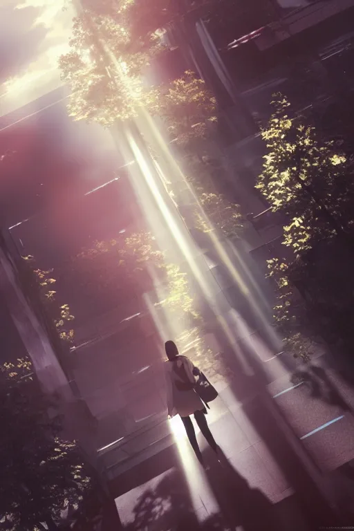Image similar to Kurisu Makise by Akihiko Yoshida, Makoto Shinkai, with backdrop of god rays