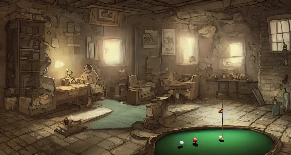 Prompt: A beautiful artwork illustration, a videogame level in a small escape room with a golf ball who is a detective, featured on artstation, wide angle, horizontal orientation