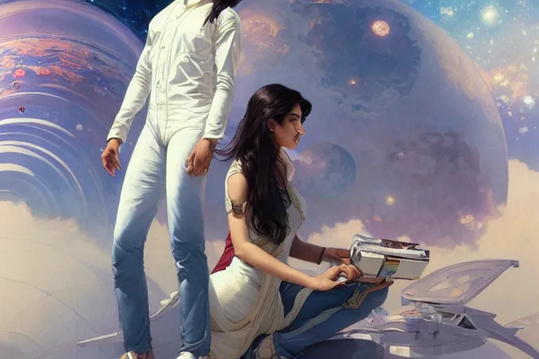 Image similar to Sensuous good looking pale young Indian doctors wearing jeans in a space station above Earth, portrait, elegant, intricate, digital painting, artstation, concept art, smooth, sharp focus, illustration, art by artgerm and greg rutkowski and alphonse mucha