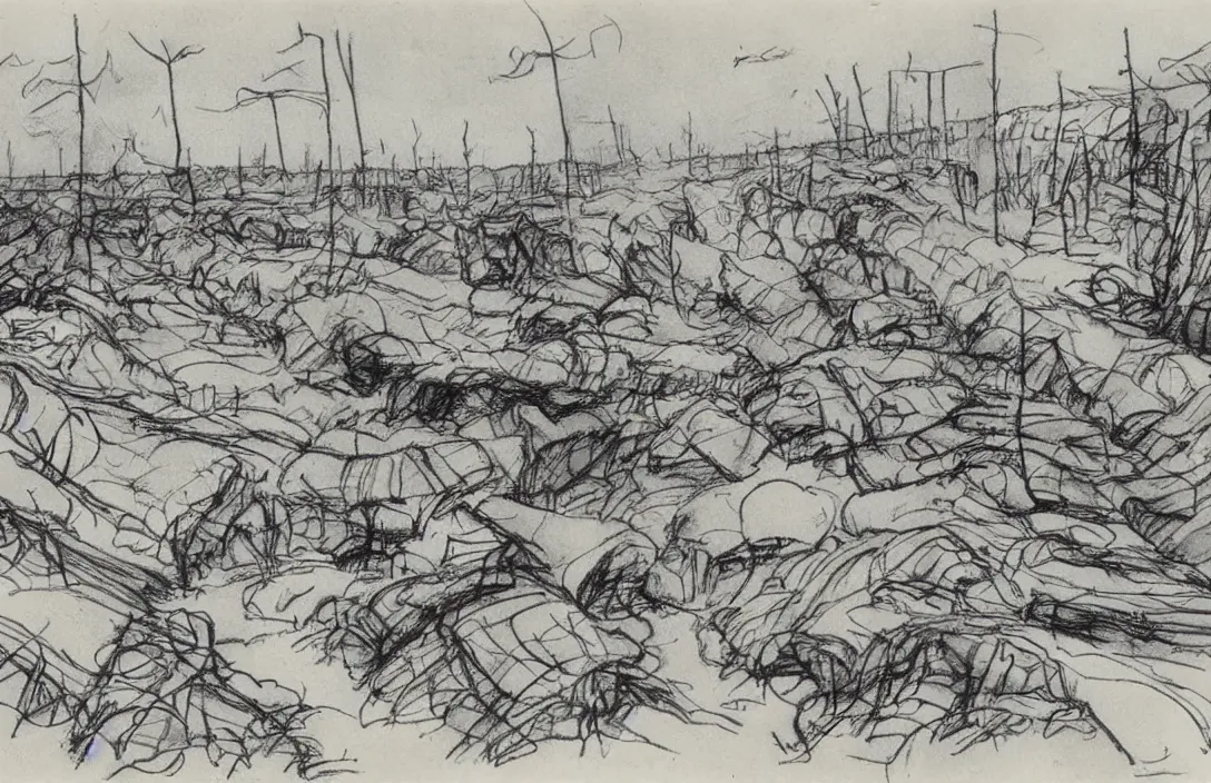 Image similar to milt kahl sketch of world war 1 trenches with the city of miami in the background