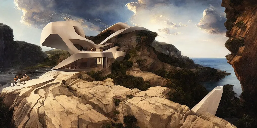 Image similar to beautiful oil matte portrait painting, modern house on top of a cliff designed by zaha hadid, wonderful masterpiece highly detailed, beautiful cinematic light deep focus, elegant, digital painting, smooth, sharp focus, golden ratio, dramatic illumination, ultra realistic, 8 k, art by artemisia lomi gentileschi and caravaggio