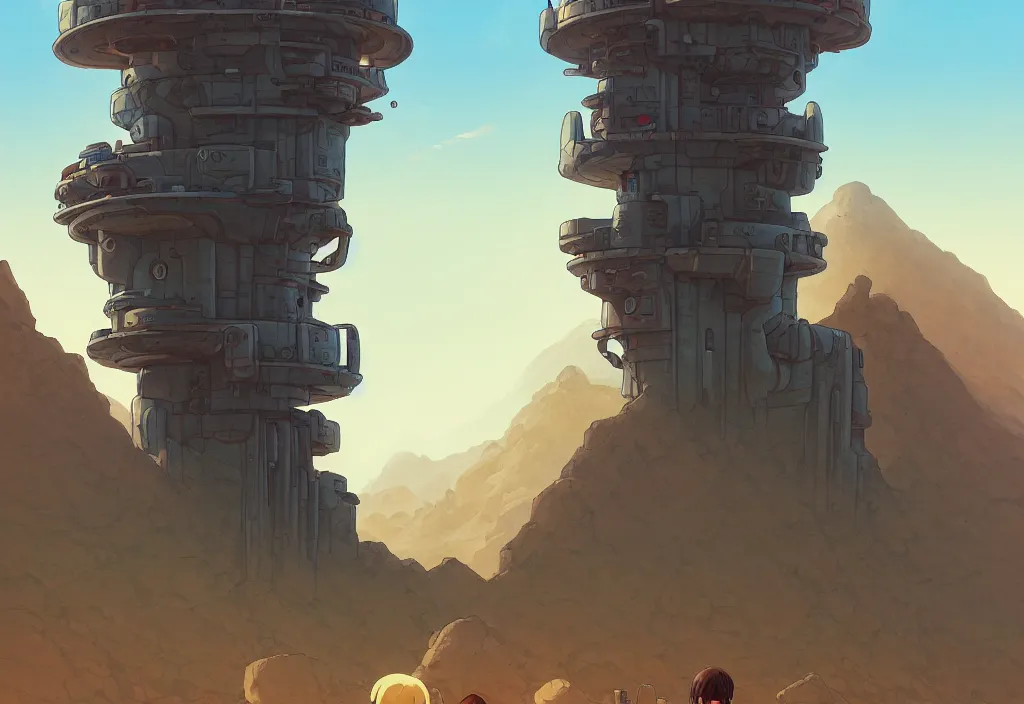 Image similar to sci - fi lookout tower in the desert, rocks, mountain, river, intricate oil painting, high detail illustration, sharp high detail, manga and anime 1 9 9 9, official fanart behance hd artstation by jesper ejsing and makoto shinkai, 4 k,