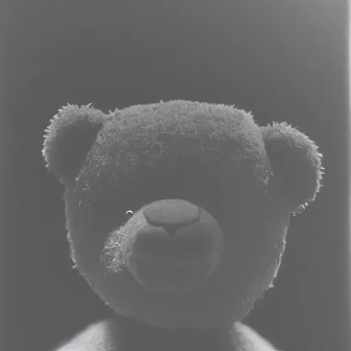 Image similar to a ( ( chiaroscuro lighting portrait ) ) of kanye west dressed as teddy bear mascot, ( ( black background ) ), portrait by julia margaret cameron, shallow depth of field, 8 0 mm, f 1. 8