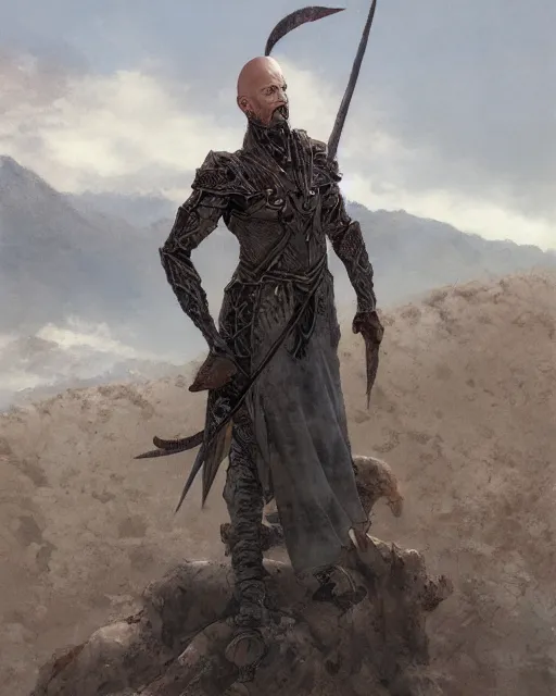 Image similar to a portrait of a bald warrior male sorcerer in a barren mountainous landscape, morning, art by yoshitaka amano and michael whelan