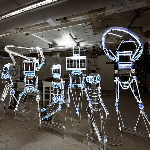 Image similar to light painted robotic workshop of defunct spare parts automatons. Photography.