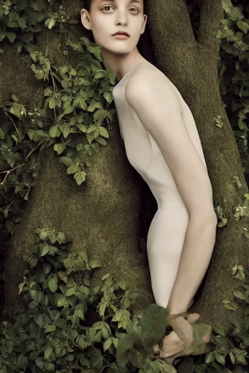 Prompt: medium full shot of beautiful girl leaning her back to lush tree by monia merlo featured in vogue and gq editorial fashion photography, beautiful eye, symmetry face, haute couture dressed by givenchy and salvatore ferragamo