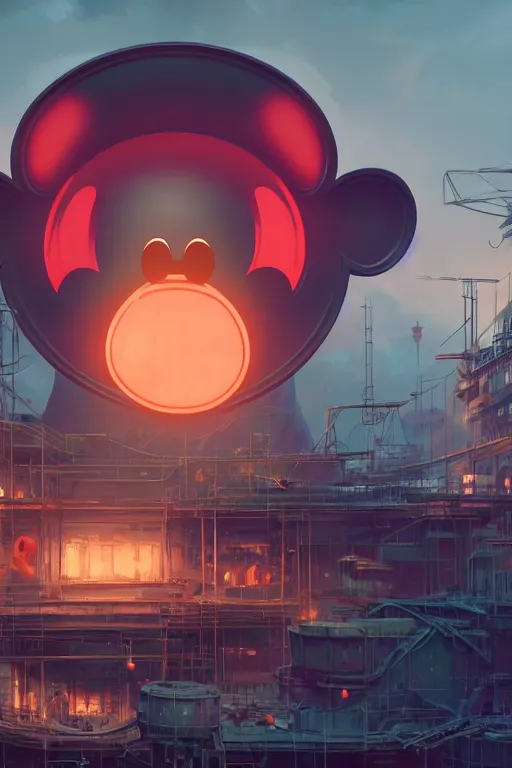 Image similar to repairing huge mickey mouse head done by constructors / workers / mechanics in some facility, big glowing netflix logo behind, greg rutkowski, beeple, gilleard, alphonse mucha cgsociety, unreal engine, octane render, highly detailed 4 k art, smooth, sharp focus, cinematic lighting, volumetric lighting, artstation,