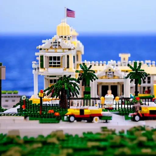 Image similar to mar - a - lago lego!!!!!! set, fbi!!!!!!!! agents on the lawn, raid, tilt shift photography