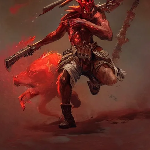 Prompt: a red skinned demon with rifle, stomp on a wolf skull, by greg rutkowski, magic the gathering, 4 k