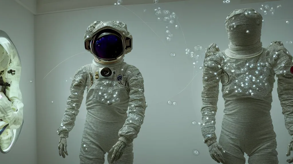 Image similar to a single astronaut eva suit covered in diamond 3d fractal lace iridescent bubble 3d skin and covered with insectoid compound eye camera lenses floats through the living room, film still from the movie directed by Denis Villeneuve with art direction by Salvador Dalí, wide lens,