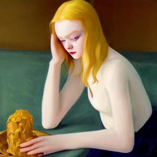 Image similar to Painting of Elle Fanning summoning the devil, long blonde hair, delicate, pale milky white porcelain skin, by Edward Hopper. Extremely detailed.