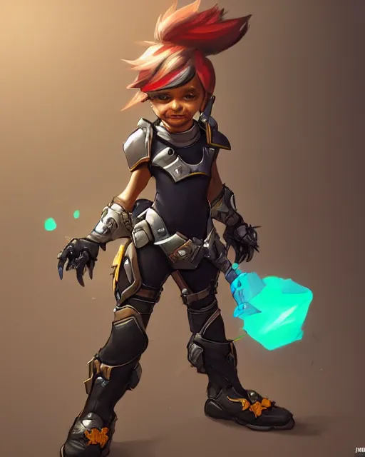 Prompt: a tiny punk kid with a massive gauntlet, smooth, intricate, elegant, digital painting, artstation, concept art, sharp focus, illustration, art by aleksi briclot and blizzard studios, overwatch character,