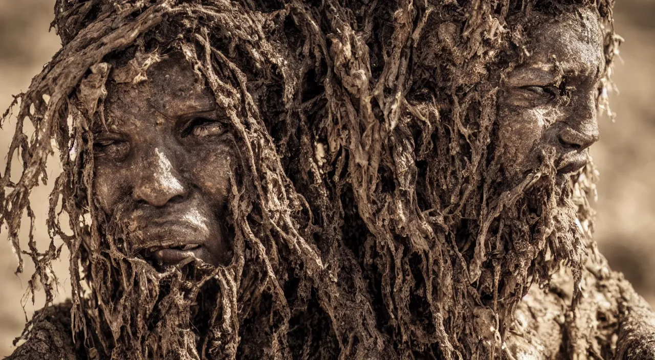 Prompt: close-up of a crying ancient dried up Oshun, peaceful, facing the camera and standing in front of a dried up river in a desolate land, dead trees, blue sky, hot and sunny, highly-detailed, elegant, dramatic lighting, artstation, 4k, cinematic landscape, photograph by Elisabeth Gadd