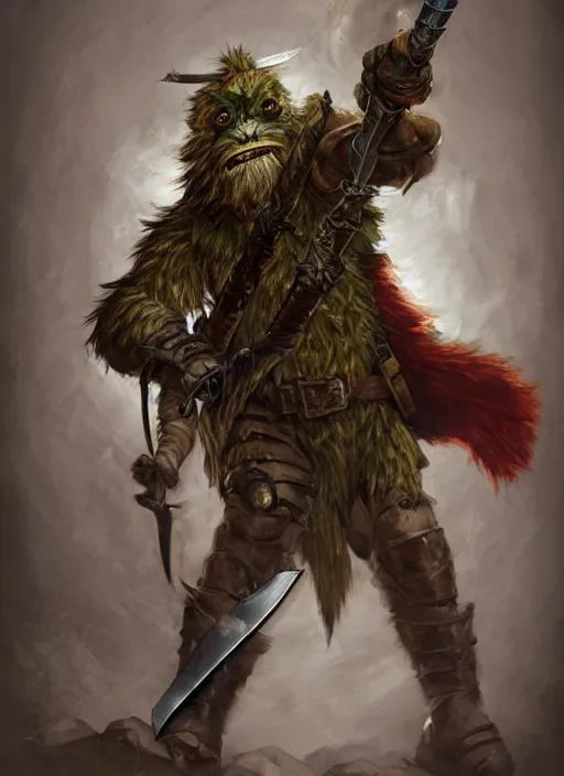 Image similar to photorealistic bugbear ranger holding sword on fire, magic, black beard, dungeons and dragons, pathfinder, roleplaying game art, hunters gear, jeweled ornate leather and steel armour, concept art, character design on white background, by sargent, norman rockwell, makoto shinkai, kim jung giu, artstation trending, poster art, colours red and green