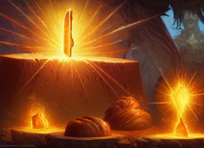 Image similar to loaves of bread bowing before a holy radiating piece of toast floating in the air, by marco bucci and frank frazetta, magic : the gathering fantasy concept art, high resolution, fantasy coloring, intricate, digital painting, artstation, smooth, sharp focus