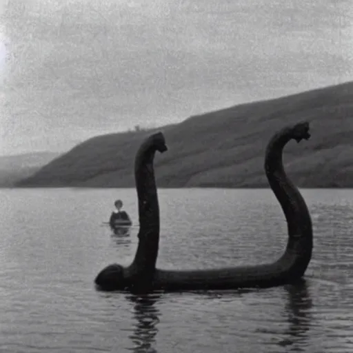 Prompt: Victorian photograph of the Loch Ness monster, very grainy, edwardian, slightly blurry, 1900s, 1890s