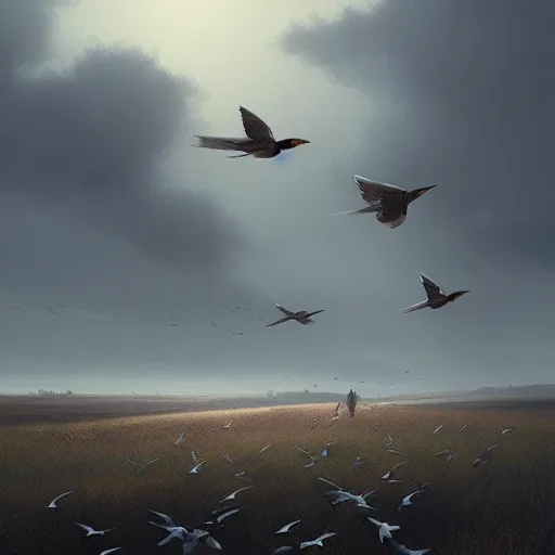 Image similar to spanish swallow birds flying in avila, golondrinas, green fields, winter season, 4 k, midday light, concept art, by wlop, ilya kuvshinov, artgerm, krenz cushart, greg rutkowski, pixiv. cinematic dramatic atmosphere, sharp focus, volumetric lighting, cinematic lighting, studio quality