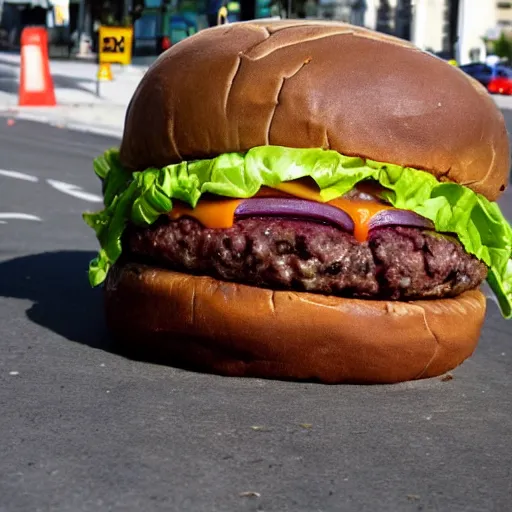 Prompt: a rotten burger taking over the city
