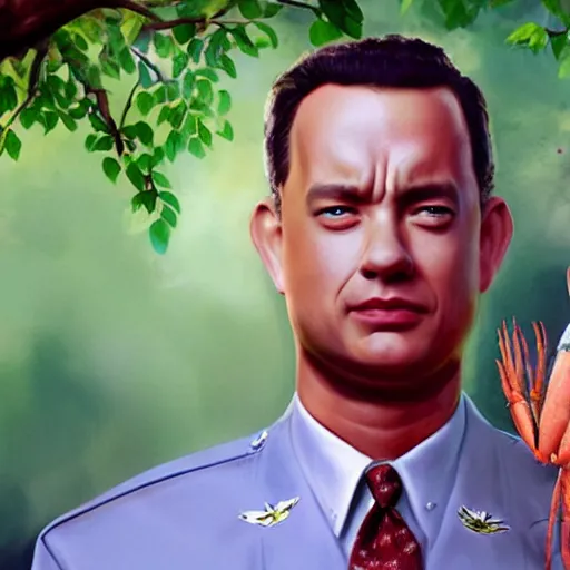 Prompt: tom hanks as forrest gump with giant shrimp heads instead of hands, photorealistic, cgsociety, artstation