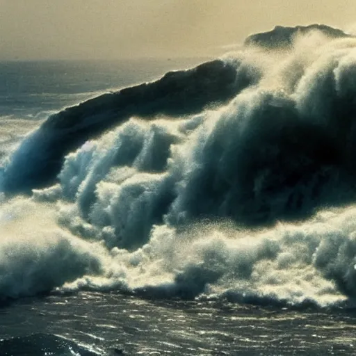 Image similar to cinematic still of mountains rising from the oceans, waves dividing as land emerges, storm, energy, miracle, dramatic angles, from Biblical epic by Steven Spielberg