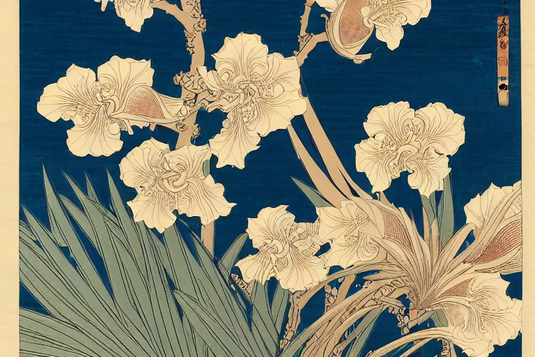 Image similar to a beautiful and hyperdetailed ukiyo - e drawing of tangled irises'leaves and flowers by katsushika hokusai, in style by utagawa kuniyoshi and utagawa hiroshige, japanese print art, intricate composition, elegant, complex!!, illustration, clean 4 k