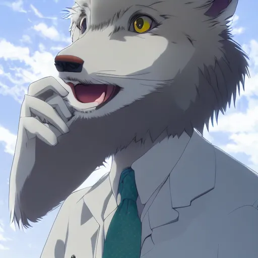 Image similar to key anime visual still portrait of beastars anthropomorphic anthro male grey wolf furry fursona, handsome eyes, cream color fur, school uniform, in a city park at night, official studio anime still