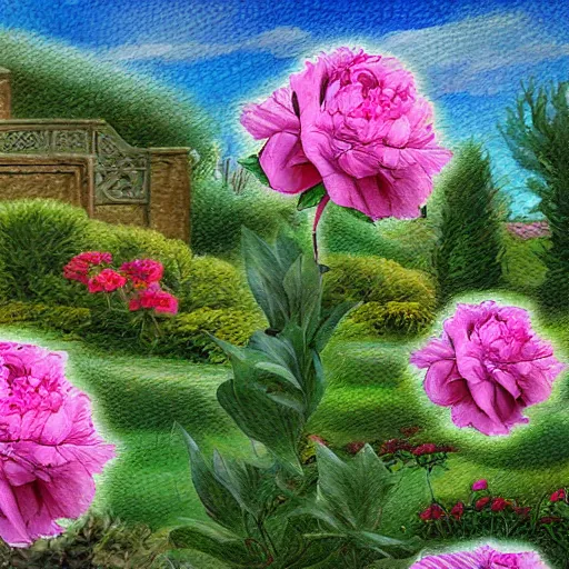 Prompt: Peony garden, digital art