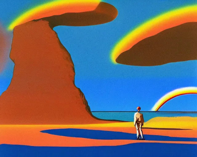 Prompt: roger dean 1 9 8 0 s art of a lone man walking in the dry desert of a strange bizarre alien planet surface lakes reflective clear blue water, rainbow in sky, imagery, illustration art, album art