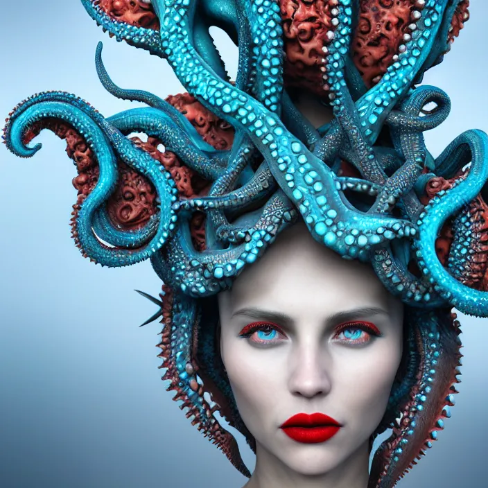 Prompt: front view portrait of a beautiful dark water goddess warrior, fish scale skin, turquoise eyes, red lips, entwined in seaweed and coral, octopus and starfish crown, highly detailed, sci - fi, intricate, decadent, highly detailed, octane render, concept art, smooth, sharp focus, hyperrealistic