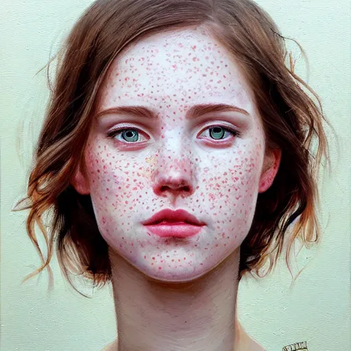 Image similar to Facial portrait of a pretty cottagecore girl, looking at the camera, slight awkward smile, lips slightly parted, very light freckles, no hands visible, extremely detailed painting by Greg Rutkowski and by Steve Henderson and by Harumi Hironaka