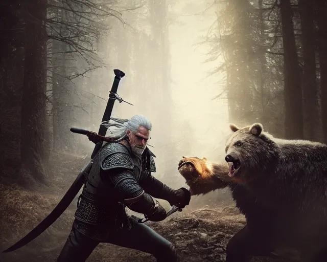 Prompt: 5 5 mm portrait photo of geralt fighting a demonic bear. magical atmosphere. art by greg rutkowski. highly detailed 8 k. intricate. lifelike. soft light. nikon d 8 5 0.