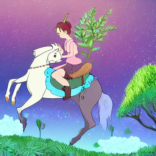 Prompt: a bautiful girl riding a unicorn in the forest. Digital art in the style of studio ghibli