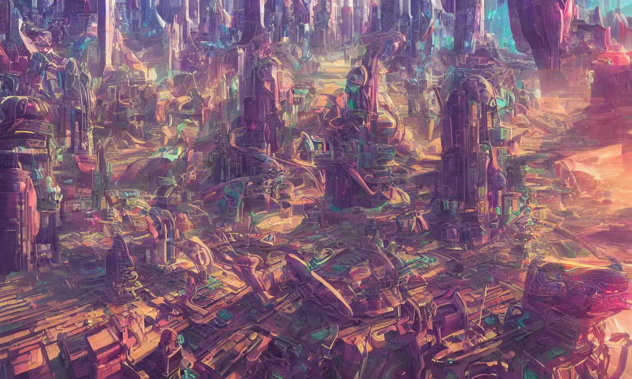 Image similar to futuristic city, illustration painting, oil on canvas, intricate, portrait, detailed illustration, hd, digital art, overdetailed art, concept art, complementing colors, detailed, illustration painting by alex gray, digital art, overdetailed art, concept art, complementing colors rendered by beeple, syd meade