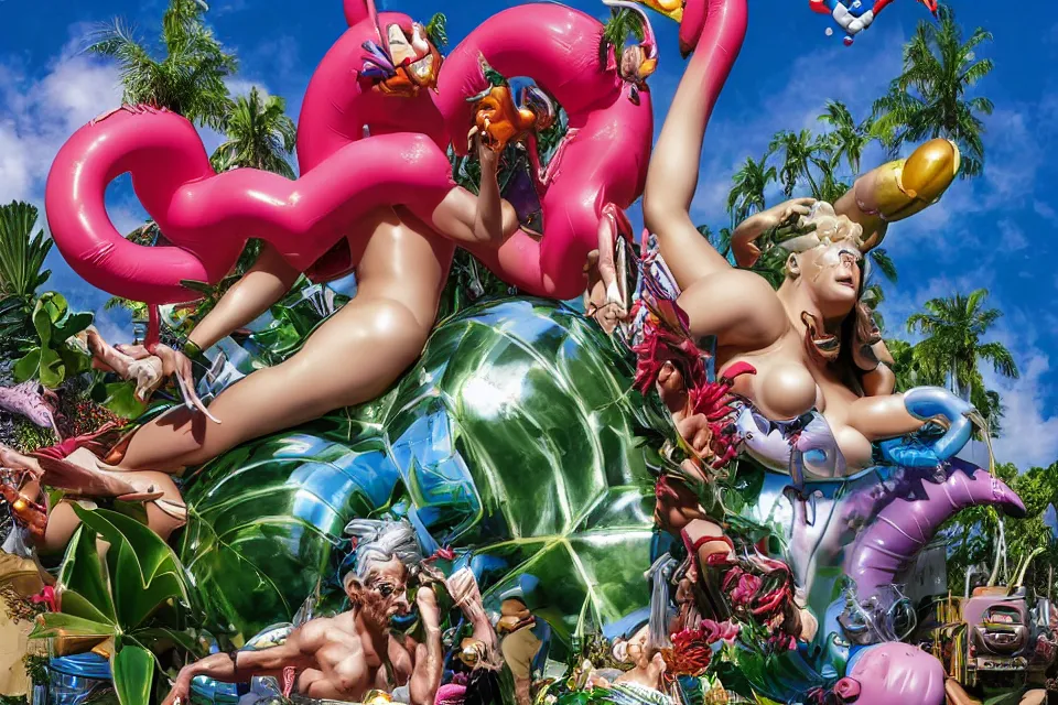 Image similar to an extreme close - up of a statue chrome cyborg lycra nymph battling a giant inflatable flamingo pool float, christmas cactus arnold schwarzenegger and monstera plants, fireworks thick smoke, by jeff koons, hajime soryama, boris vallejo, artgerm, greg rutkowski, alphonse mucha